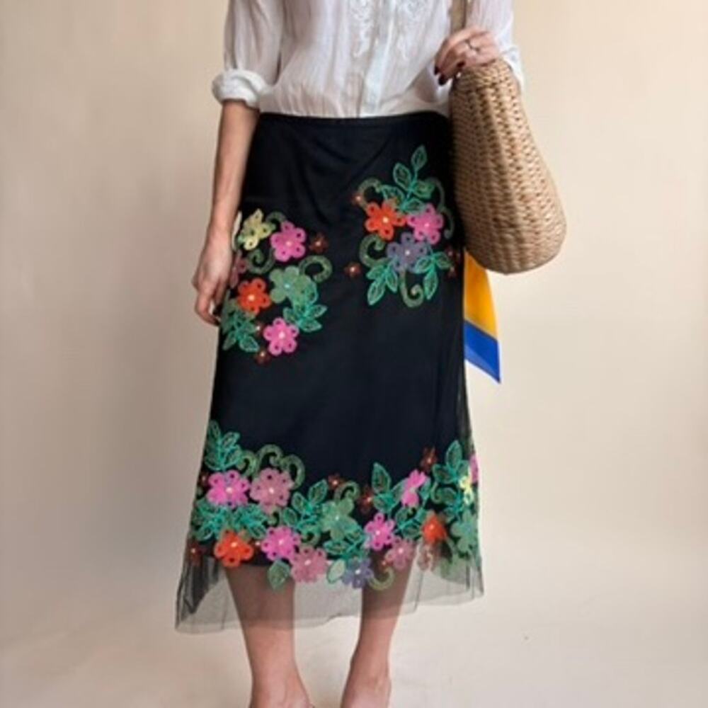 Jǒn Black Tulle Midi Skirt - Multicolor Floral Embroidery, Size 2